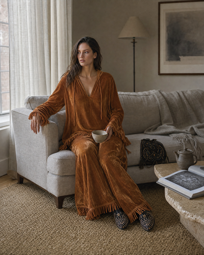 Bohemian Copper Velvet Hooded Long-sleeve Fringed Two-piece Wide-leg Pants Set MVA002790AA