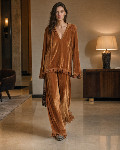 Bohemian Copper Velvet Hooded Long-sleeve Fringed Two-piece Wide-leg Pants Set MVA002790AA
