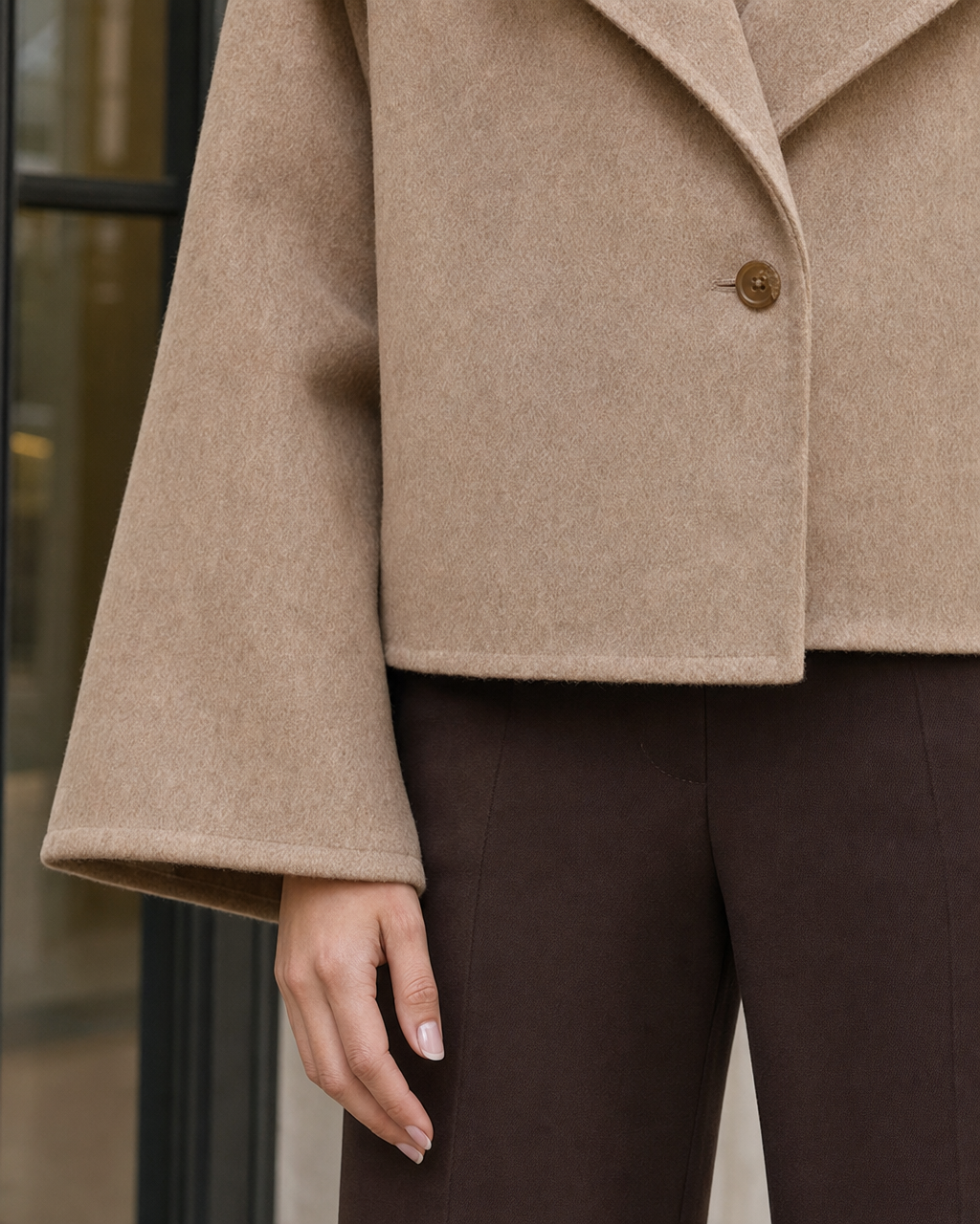 Chic Camel Wool-blend Shawl-collar Long-sleeve Oversized Cropped Jacket MVA002800AA