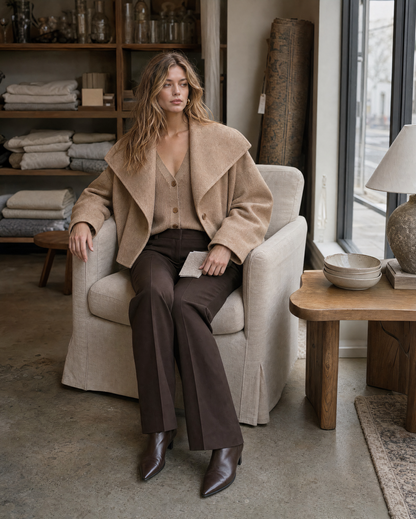 Chic Camel Wool-blend Shawl-collar Long-sleeve Oversized Cropped Jacket MVA002800AA