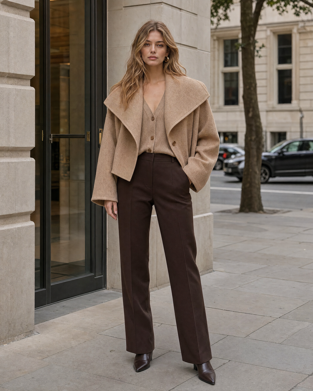 Chic Camel Wool-blend Shawl-collar Long-sleeve Oversized Cropped Jacket MVA002800AA