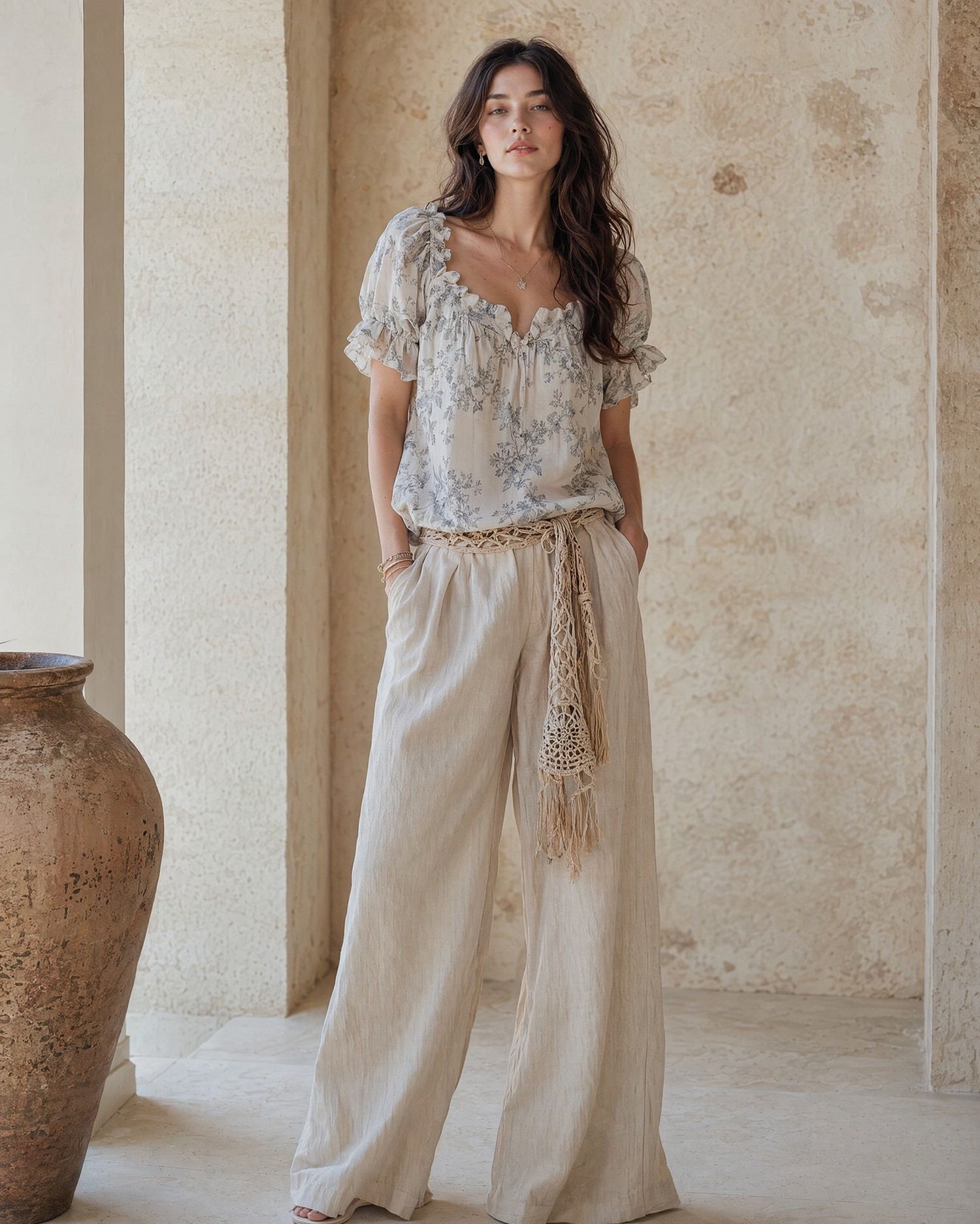 Neutral Floral Puff Sleeve Blouse &amp; Linen Wide Leg Pants Two Piece Set MVA000270AA