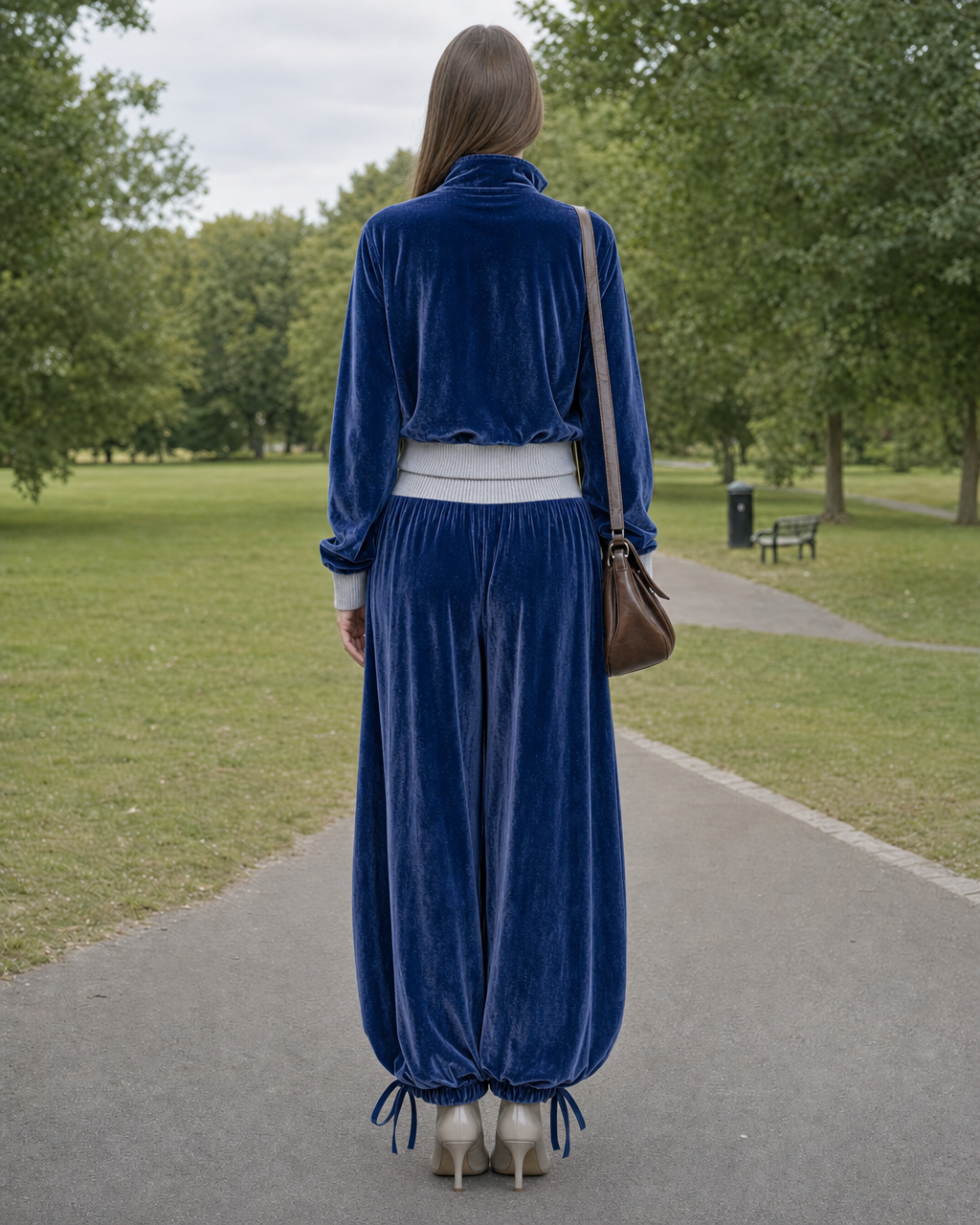 Chic Navy Velvet Stand-collar Long-sleeve Two-piece Balloon Pants Set MVA002810AA