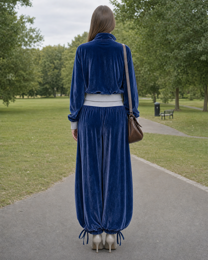 Chic Navy Velvet Stand-collar Long-sleeve Two-piece Balloon Pants Set MVA002810AA