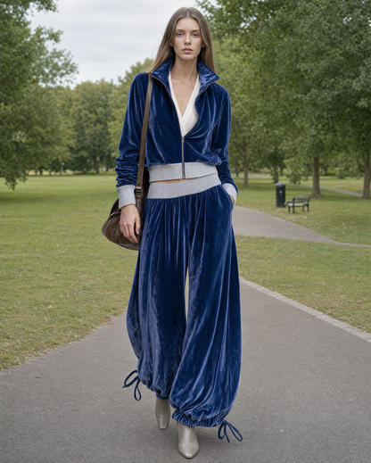 Chic Navy Velvet Stand-collar Long-sleeve Two-piece Balloon Pants Set MVA002810AA