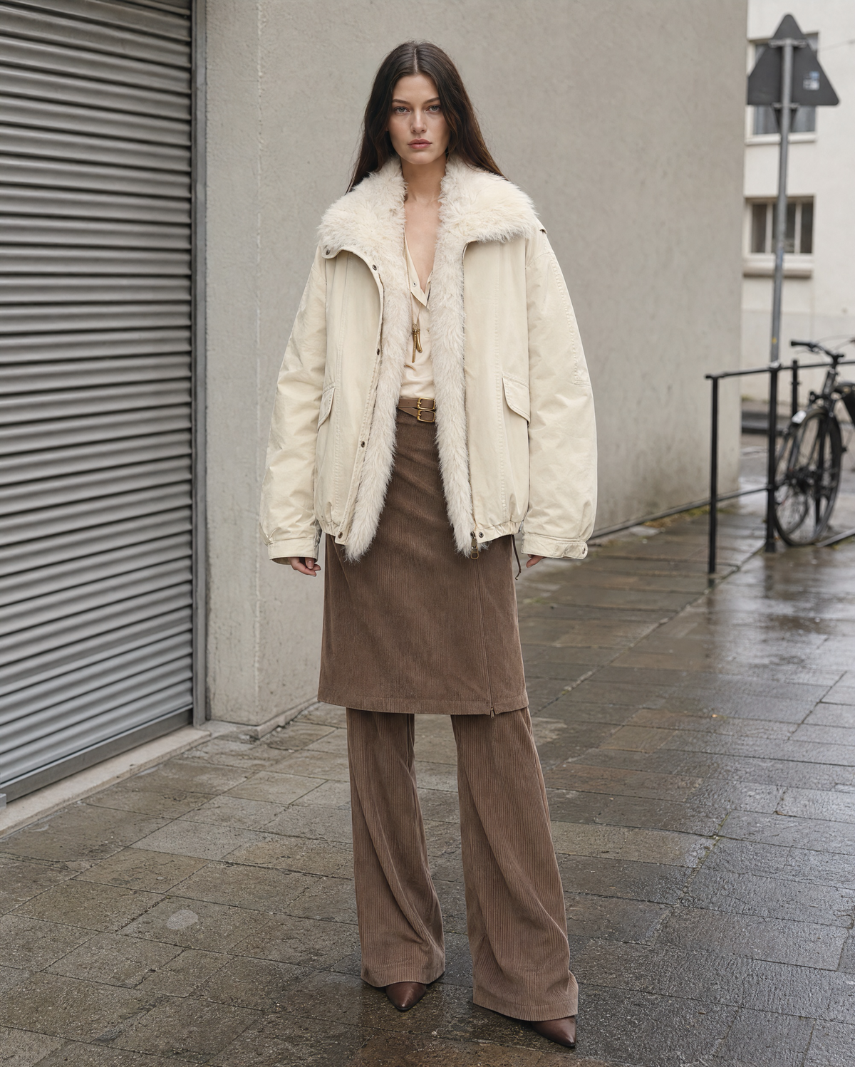 Casual Cream Woven Cotton Faux Shearling Collar Long-sleeve Oversized Jacket MVA002820AA