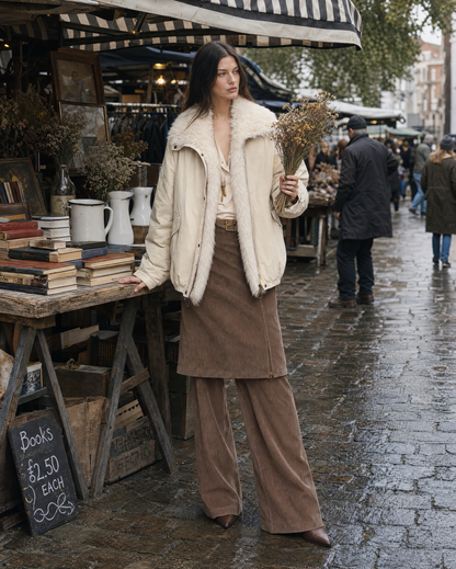 Casual Cream Woven Cotton Faux Shearling Collar Long-sleeve Oversized Jacket MVA002820AA