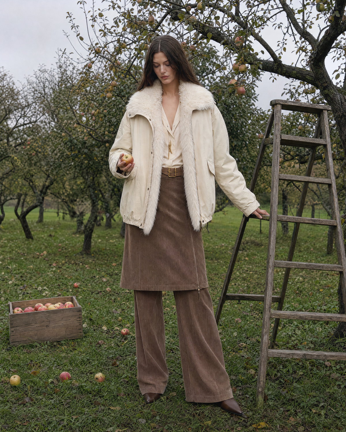 Casual Cream Woven Cotton Faux Shearling Collar Long-sleeve Oversized Jacket MVA002820AA