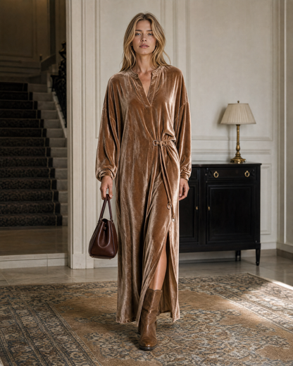 Elegant Caramel Velvet Split V-neck Long-sleeve Maxi Dress MVA002830AA