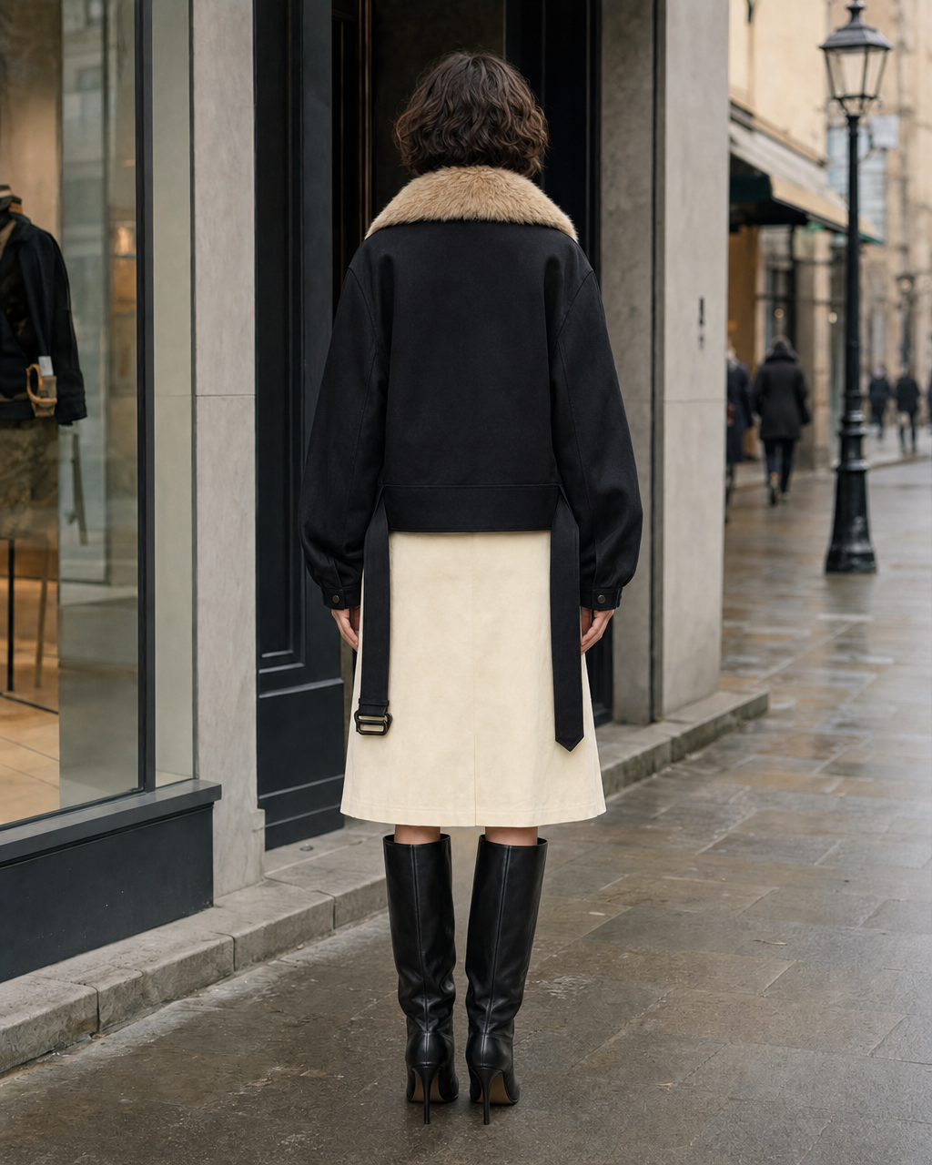 Chic Black Woven Faux Fur Collar Long-sleeve Cropped Belted Jacket MVA002850AA
