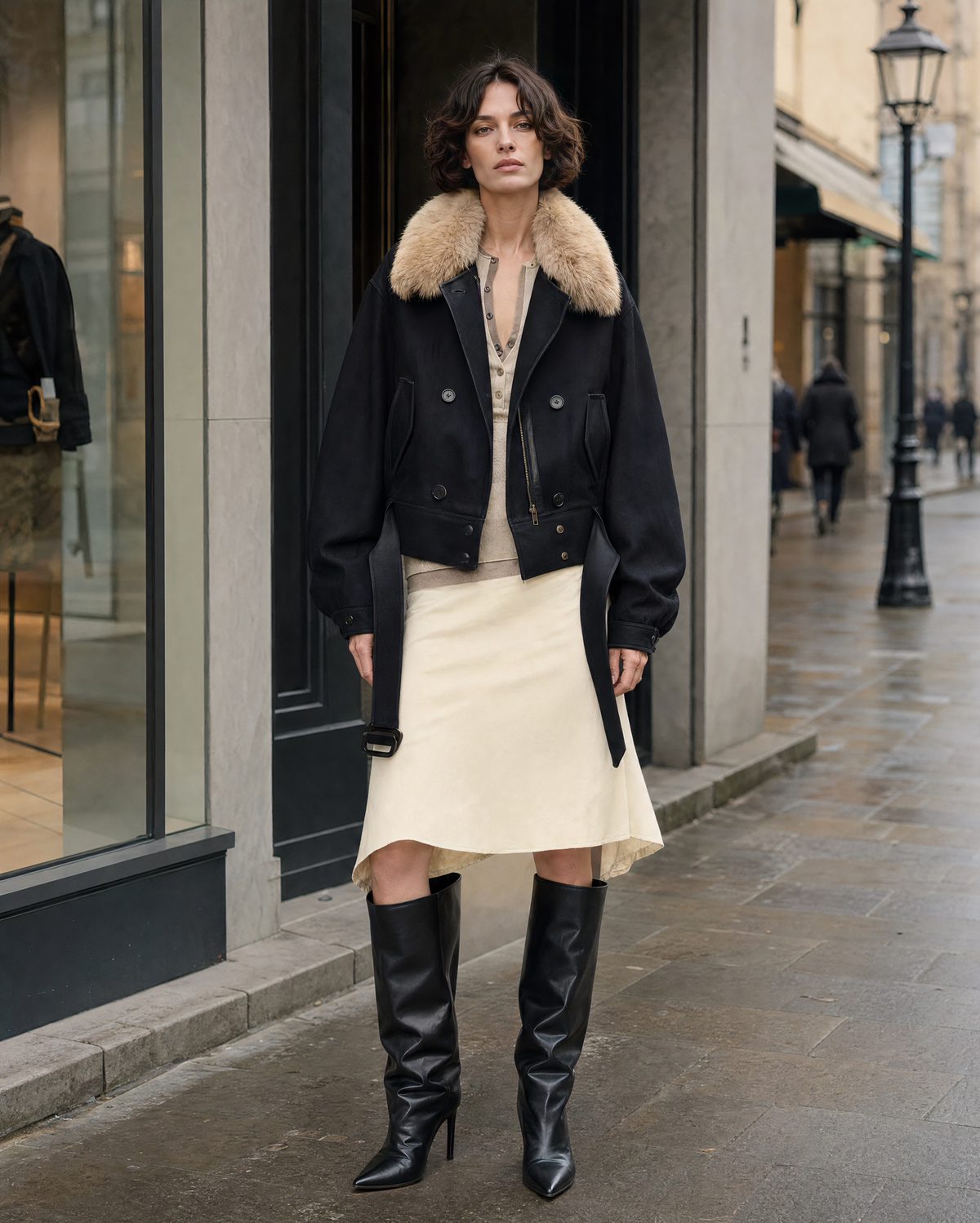 Chic Black Woven Faux Fur Collar Long-sleeve Cropped Belted Jacket MVA002850AA