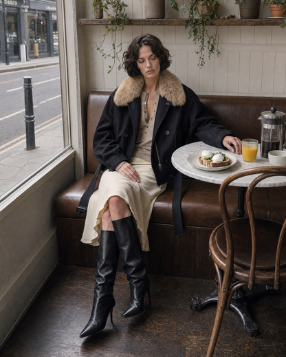 Chic Black Woven Faux Fur Collar Long-sleeve Cropped Belted Jacket MVA002850AA