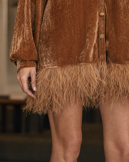 Elegant Caramel Velvet Feather-trim V-neck Balloon-sleeve Mini Dress MVA002860AA