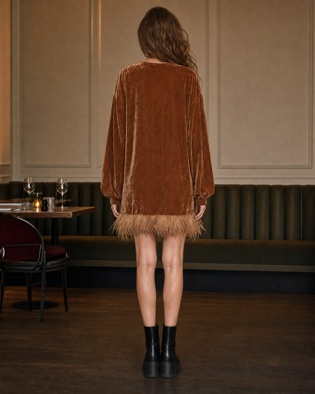 Elegant Caramel Velvet Feather-trim V-neck Balloon-sleeve Mini Dress MVA002860AA