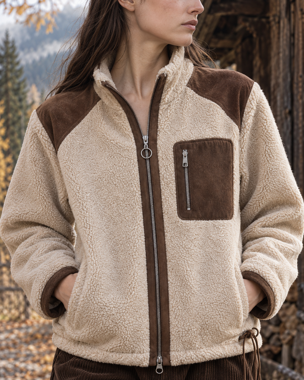 Casual Cream Sherpa Contrast-panel Zip-front Hip-length Jacket MVA002870AA