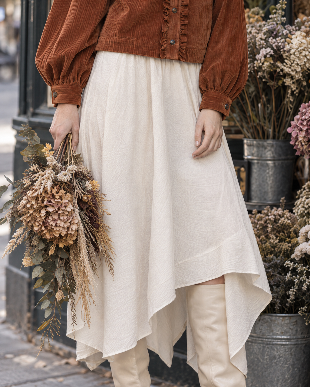 Vintage Rust Corduroy Bow-tie Balloon-sleeve Cropped Blouse MVA002880AA