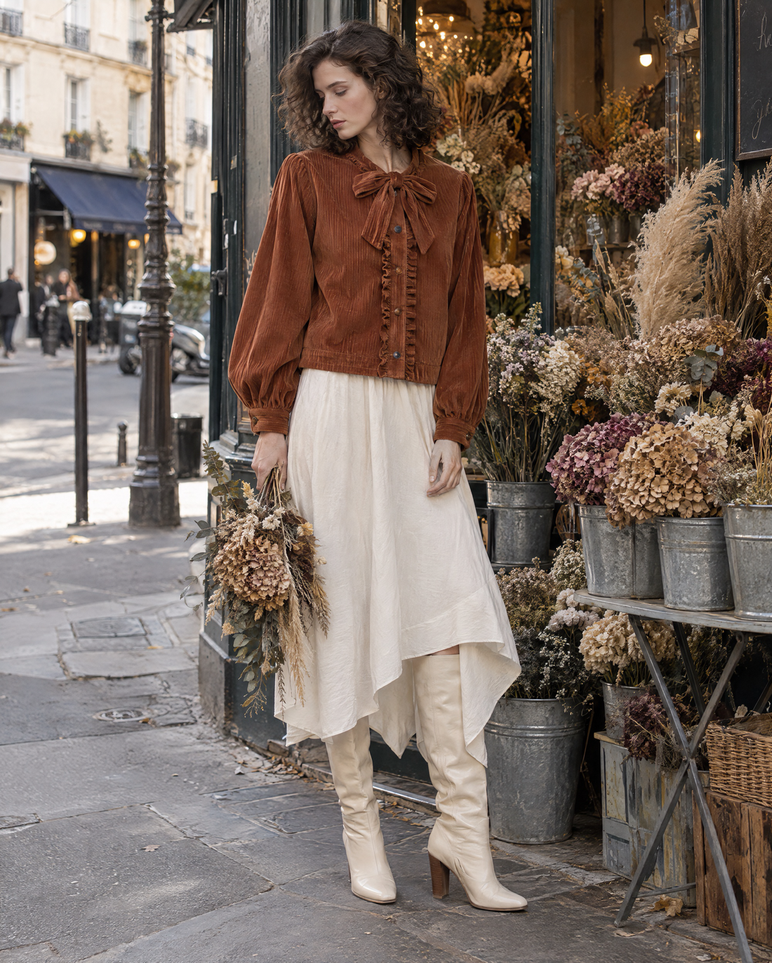 Vintage Rust Corduroy Bow-tie Balloon-sleeve Cropped Blouse MVA002880AA