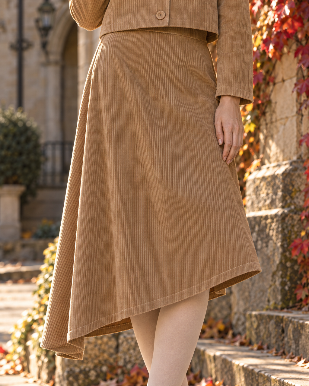 Vintage Camel Corduroy Scalloped-collar Cropped Jacket And Asymmetric Midi Skirt Set MVA002890AA