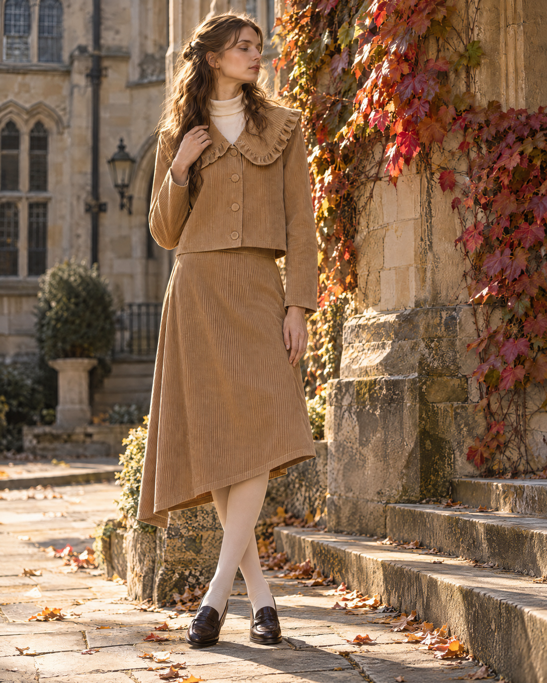 Vintage Camel Corduroy Scalloped-collar Cropped Jacket And Asymmetric Midi Skirt Set MVA002890AA