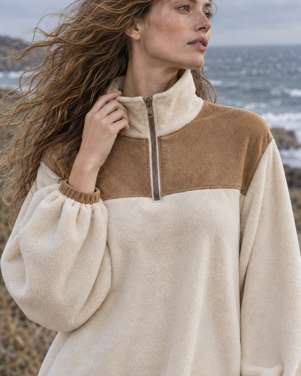Casual Cream Sherpa Suede-yoke Half-zip Long-sleeve Midi Dress MVA002900AA