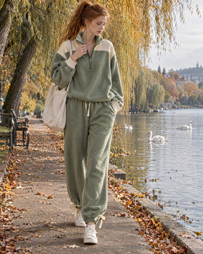 Casual Sage Green Sherpa Half-zip Colorblock Top And Drawstring Pants Set MVA002910AA