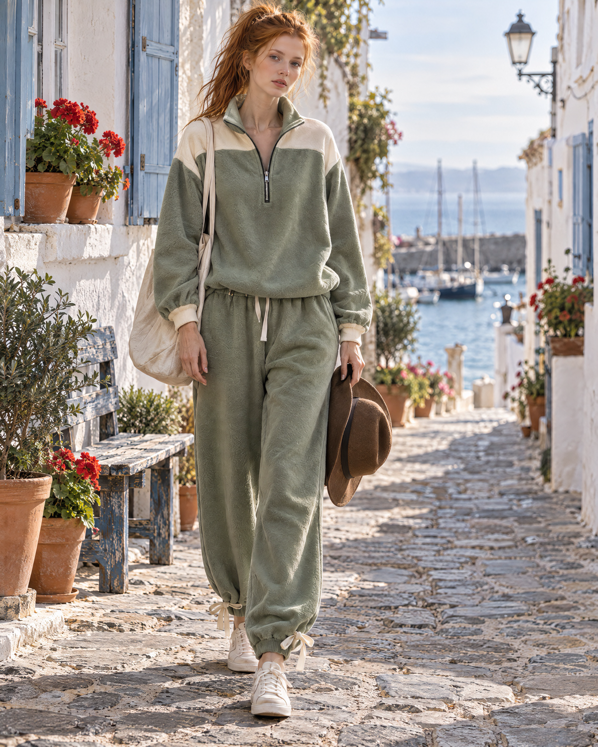 Casual Sage Green Sherpa Half-zip Colorblock Top And Drawstring Pants Set MVA002910AA