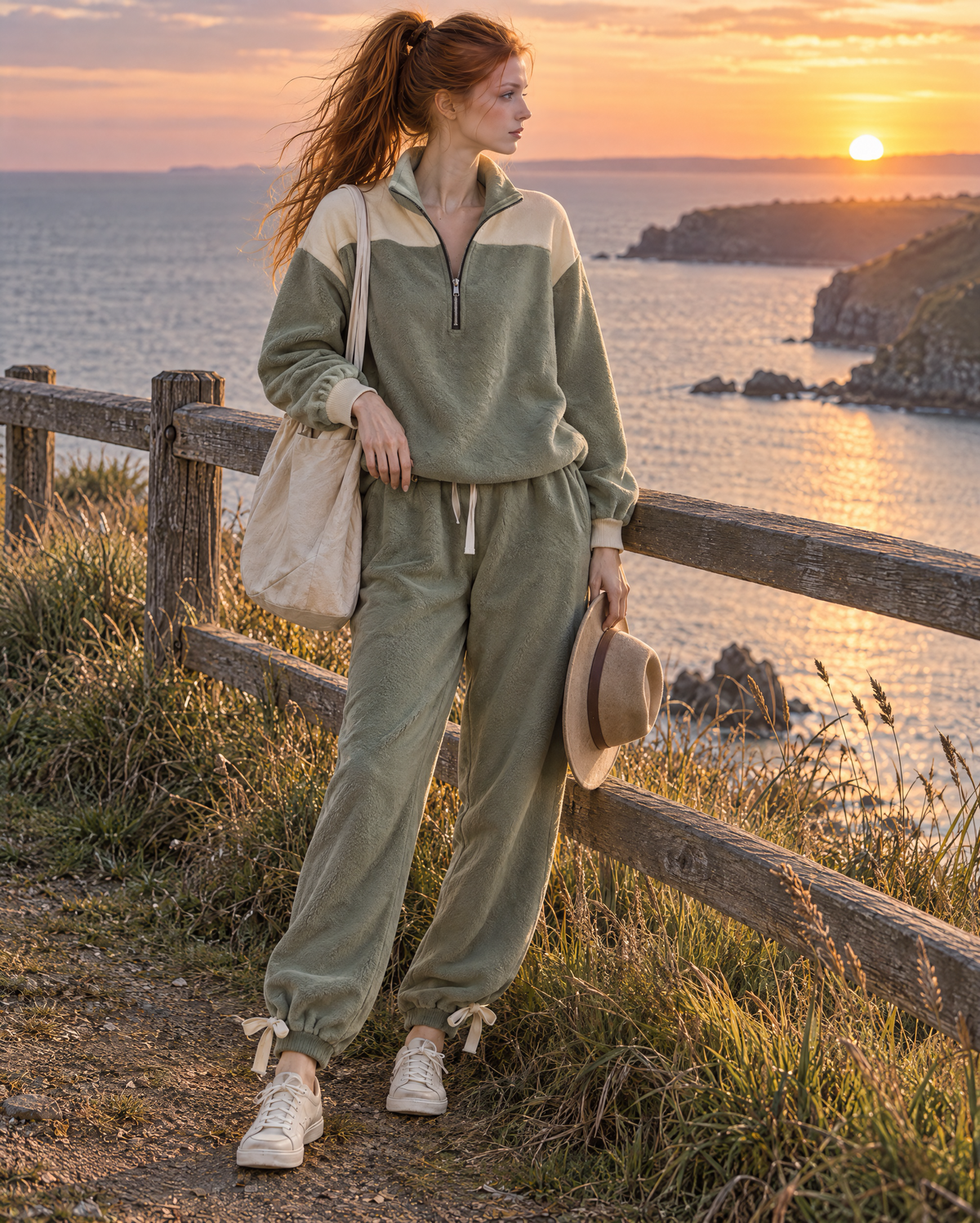 Casual Sage Green Sherpa Half-zip Colorblock Top And Drawstring Pants Set MVA002910AA