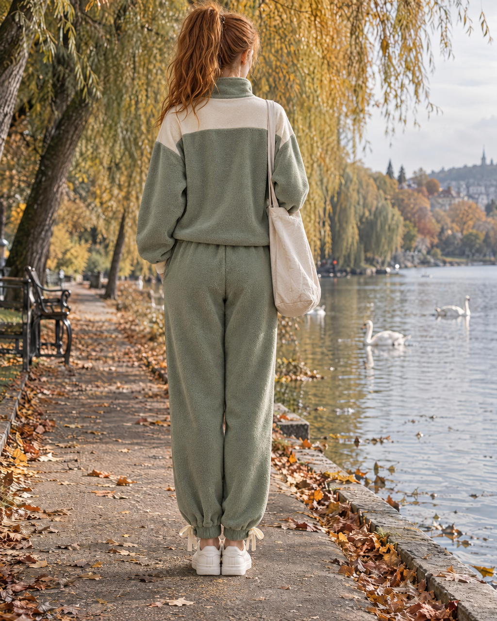 Casual Sage Green Sherpa Half-zip Colorblock Top And Drawstring Pants Set MVA002910AA