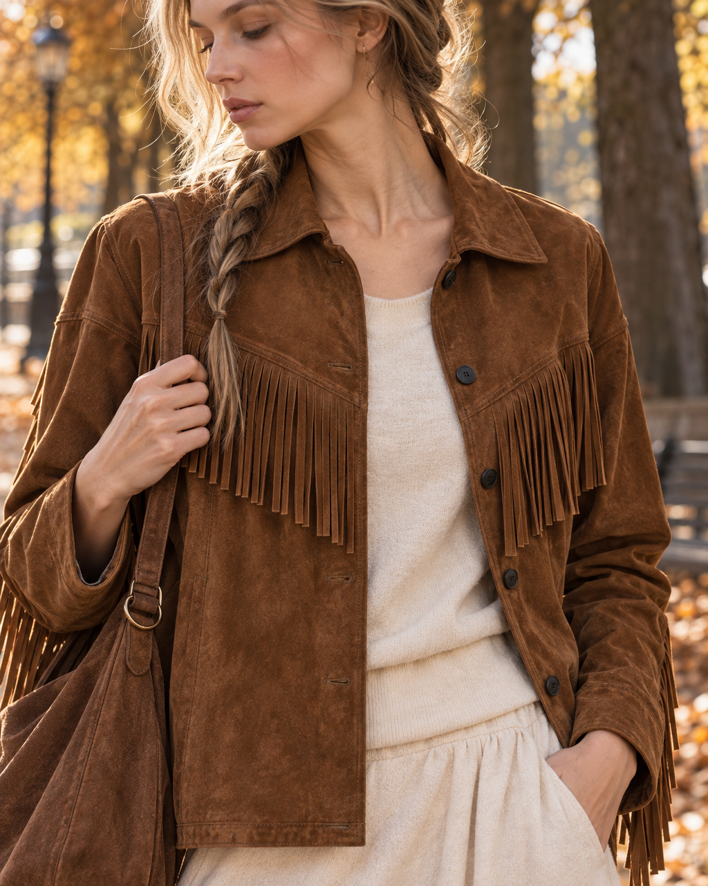 Bohemian Western Brown Faux-suede Fringed Shirt-collar Cropped Jacket MVA002940AA