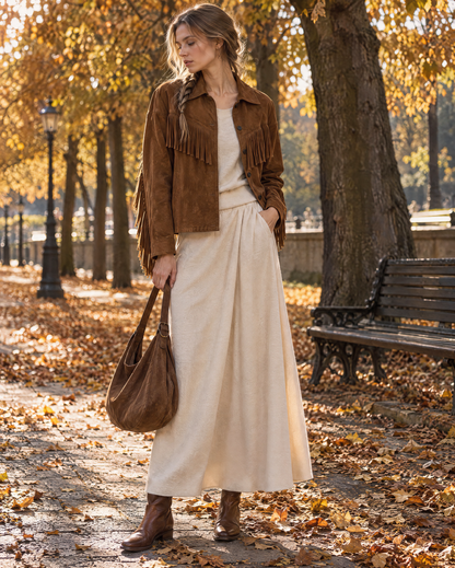 Bohemian Western Brown Faux-suede Fringed Shirt-collar Cropped Jacket MVA002940AA