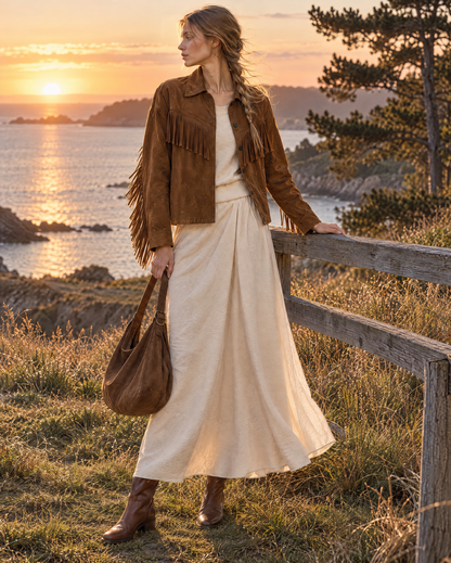 Bohemian Western Brown Faux-suede Fringed Shirt-collar Cropped Jacket MVA002940AA