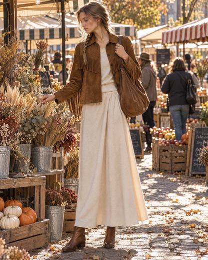 Bohemian Western Brown Faux-suede Fringed Shirt-collar Cropped Jacket MVA002940AA
