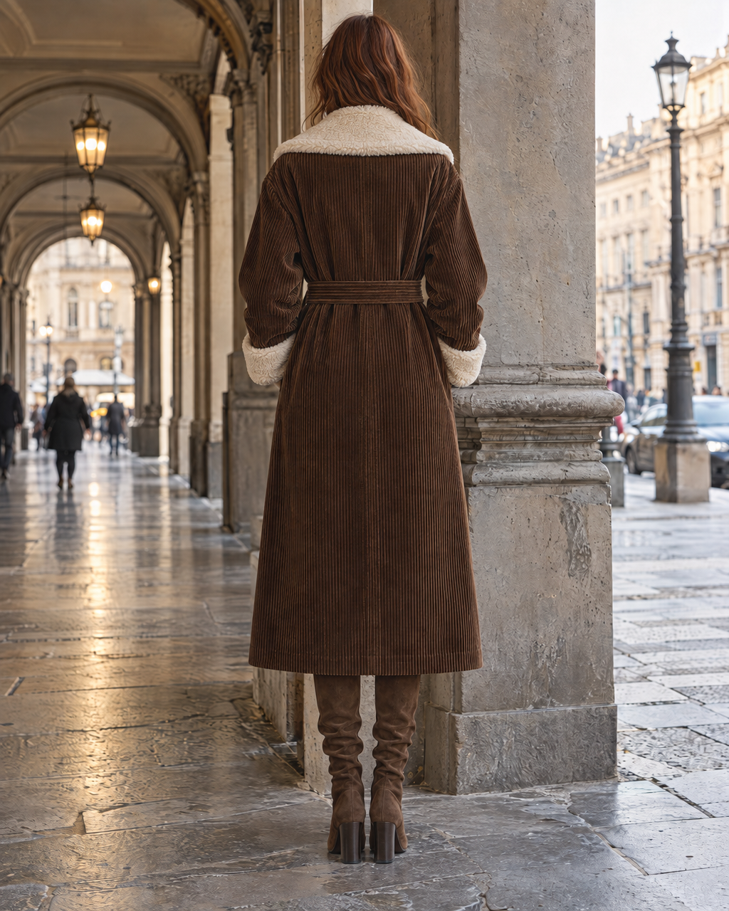 Casual Brown Corduroy Sherpa-collar Belted Longline Coat MVA002960AA