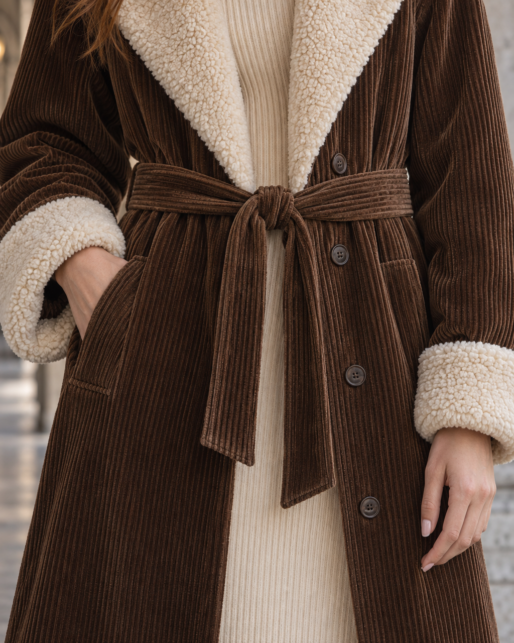 Casual Brown Corduroy Sherpa-collar Belted Longline Coat MVA002960AA