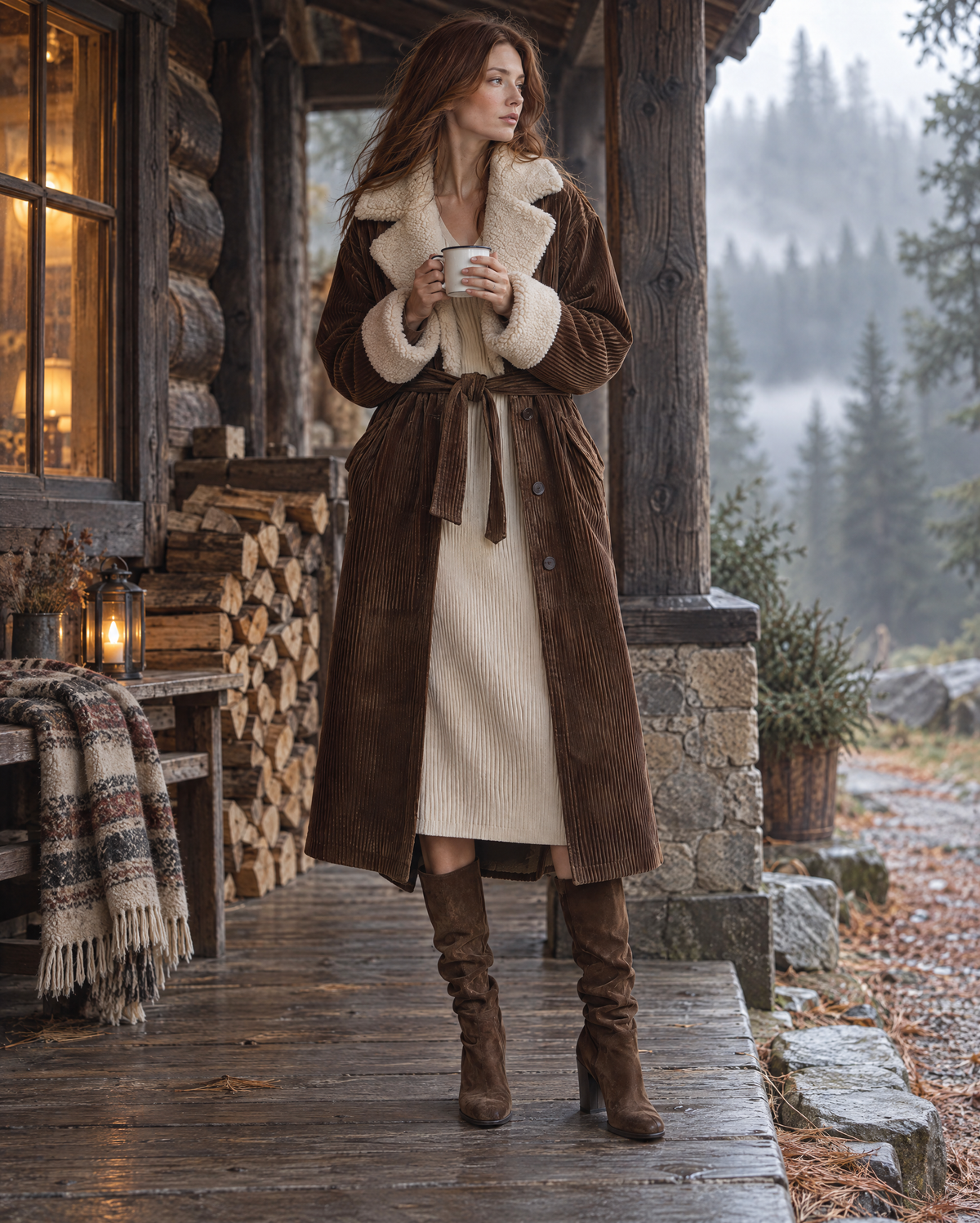 Casual Brown Corduroy Sherpa-collar Belted Longline Coat MVA002960AA