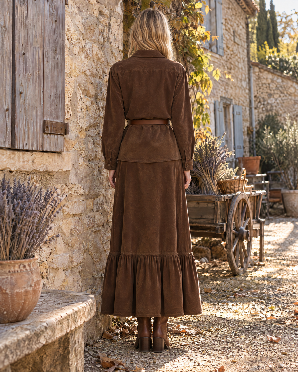 Bohemian Brown Faux-suede Shirt-collar Peplum Top And Tiered Maxi Skirt Set MVA002970AA
