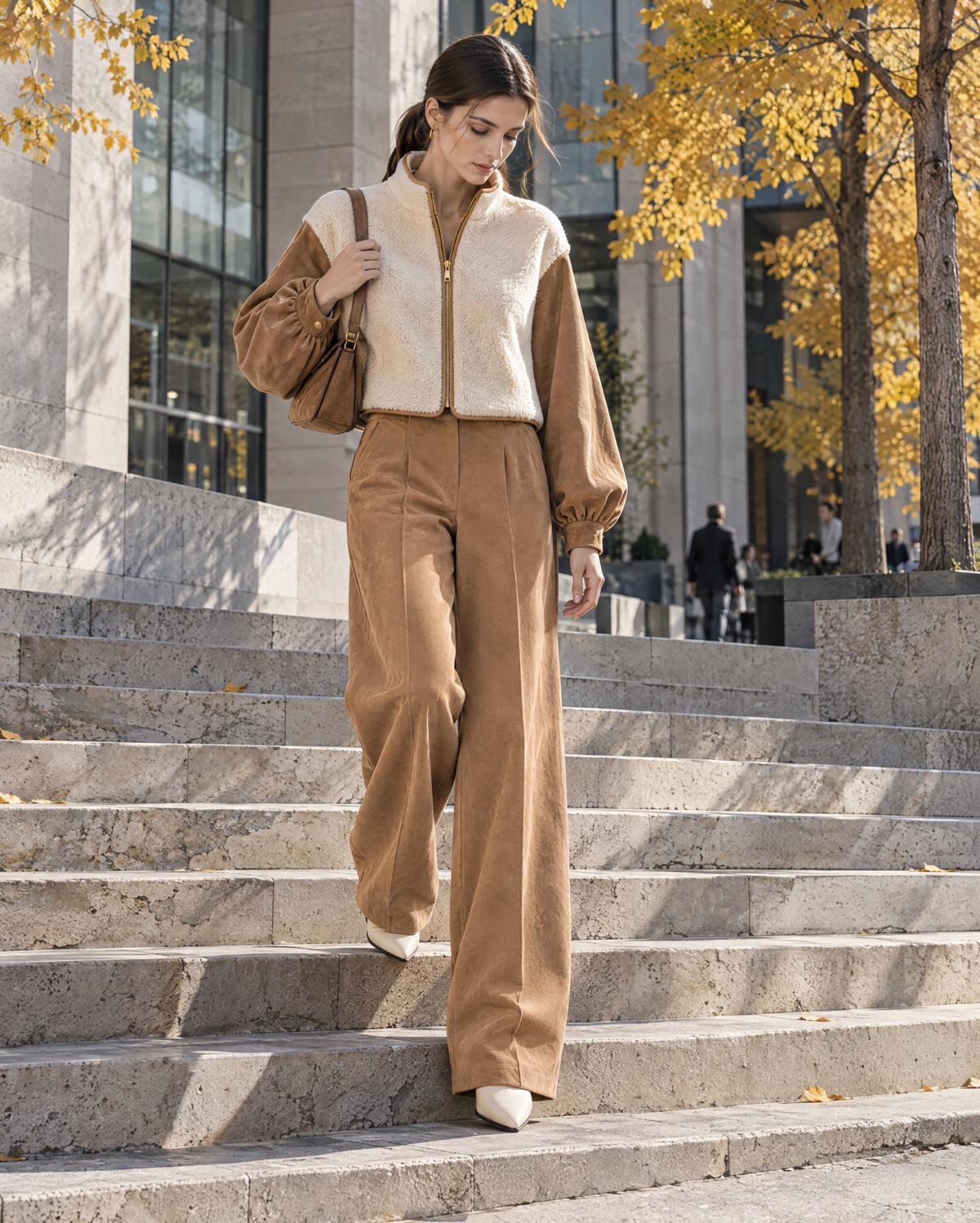 Casual Camel Corduroy Sherpa Zip-front Cropped Jacket And Wide-leg Pants Set MVA002990AA