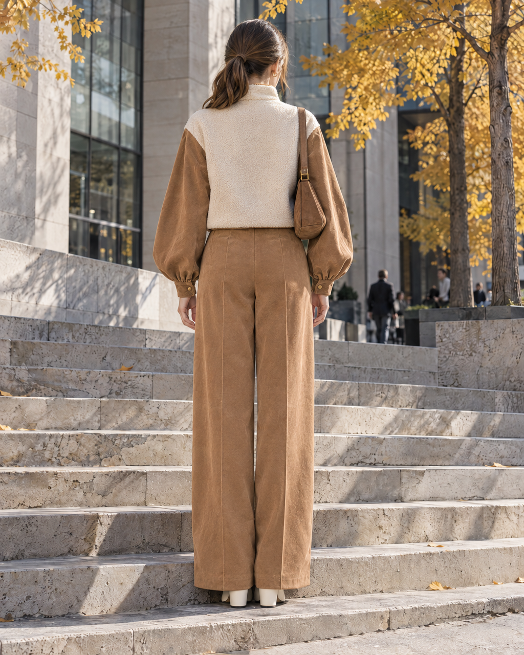Casual Camel Corduroy Sherpa Zip-front Cropped Jacket And Wide-leg Pants Set MVA002990AA