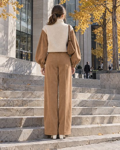 Casual Camel Corduroy Sherpa Zip-front Cropped Jacket And Wide-leg Pants Set MVA002990AA