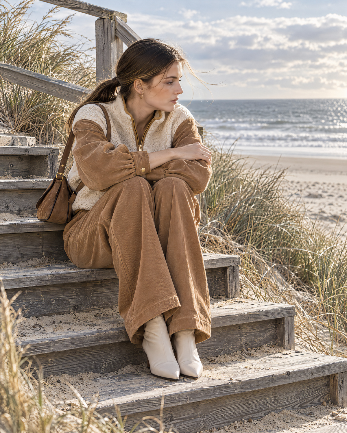 Casual Camel Corduroy Sherpa Zip-front Cropped Jacket And Wide-leg Pants Set MVA002990AA
