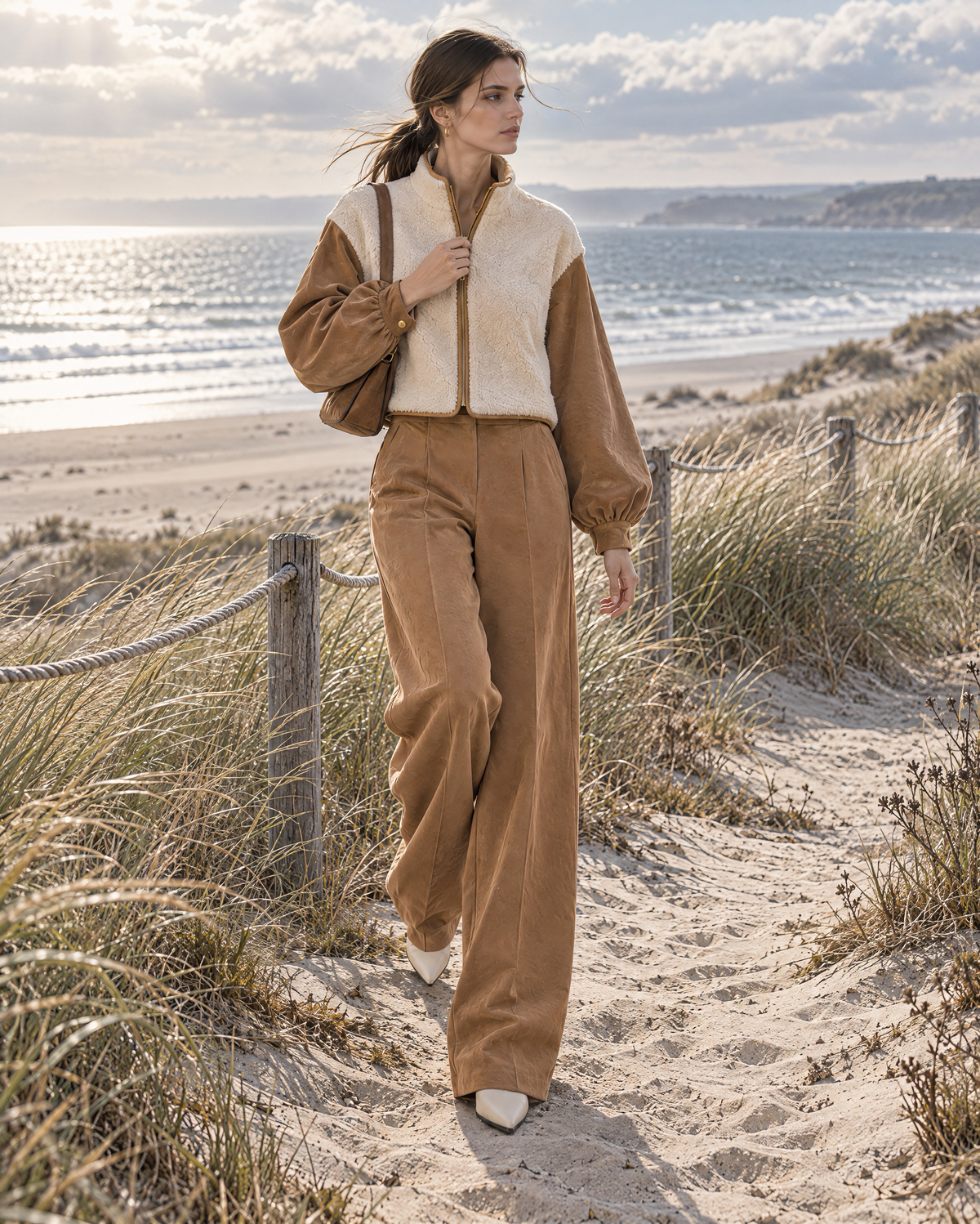 Casual Camel Corduroy Sherpa Zip-front Cropped Jacket And Wide-leg Pants Set MVA002990AA