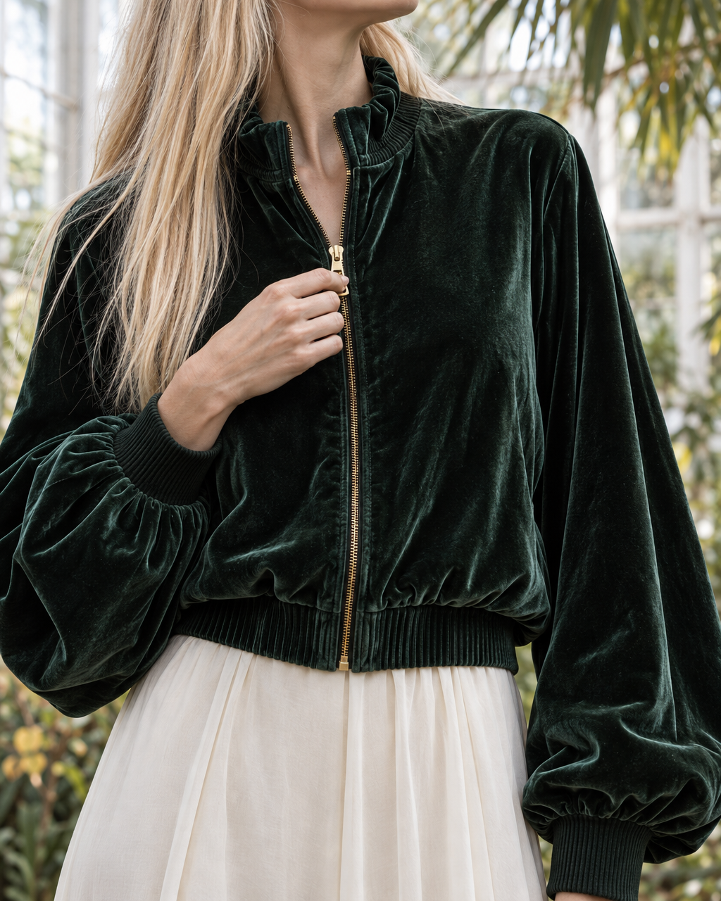 Elegant Dark Green Velvet Stand-collar Zip-front Cropped Bomber Jacket MVA003000AA