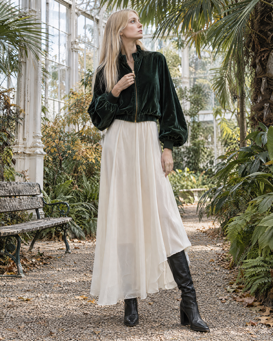 Elegant Dark Green Velvet Stand-collar Zip-front Cropped Bomber Jacket MVA003000AA