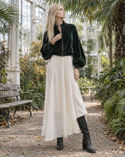 Elegant Dark Green Velvet Stand-collar Zip-front Cropped Bomber Jacket MVA003000AA