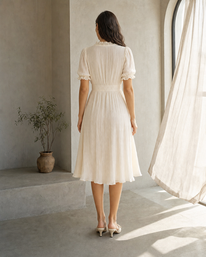 Cream Ruffled V-Neck Puff Sleeve Midi Dress Front Button Textured Flowy Summer Dress MVA000300AA