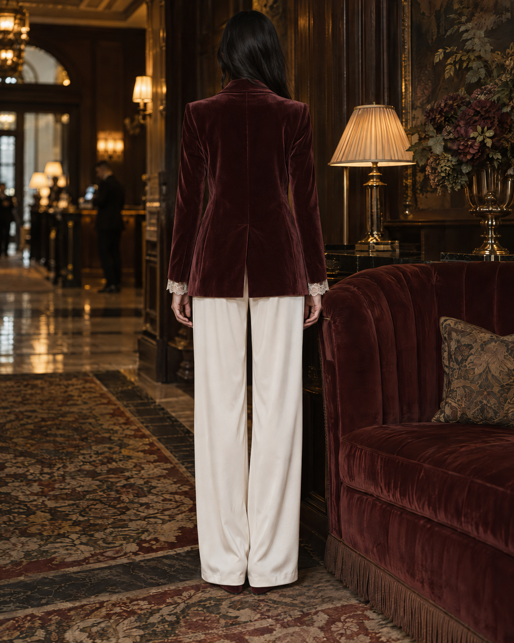 Elegant Burgundy Velvet Shawl-lapel One-button Longline Blazer MVA003010AA