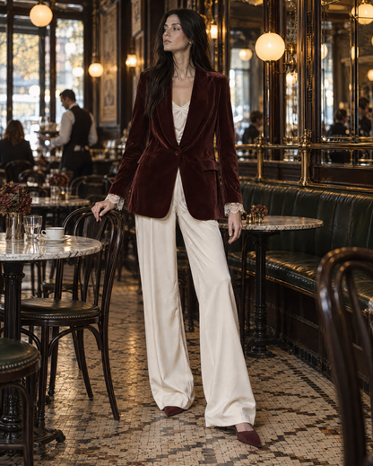 Elegant Burgundy Velvet Shawl-lapel One-button Longline Blazer MVA003010AA
