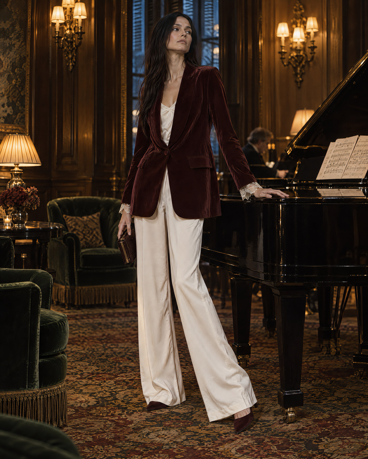 Elegant Burgundy Velvet Shawl-lapel One-button Longline Blazer MVA003010AA