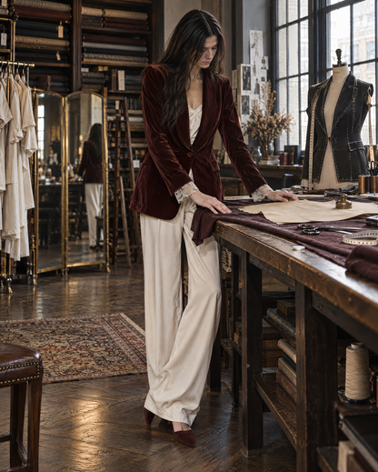 Elegant Burgundy Velvet Shawl-lapel One-button Longline Blazer MVA003010AA