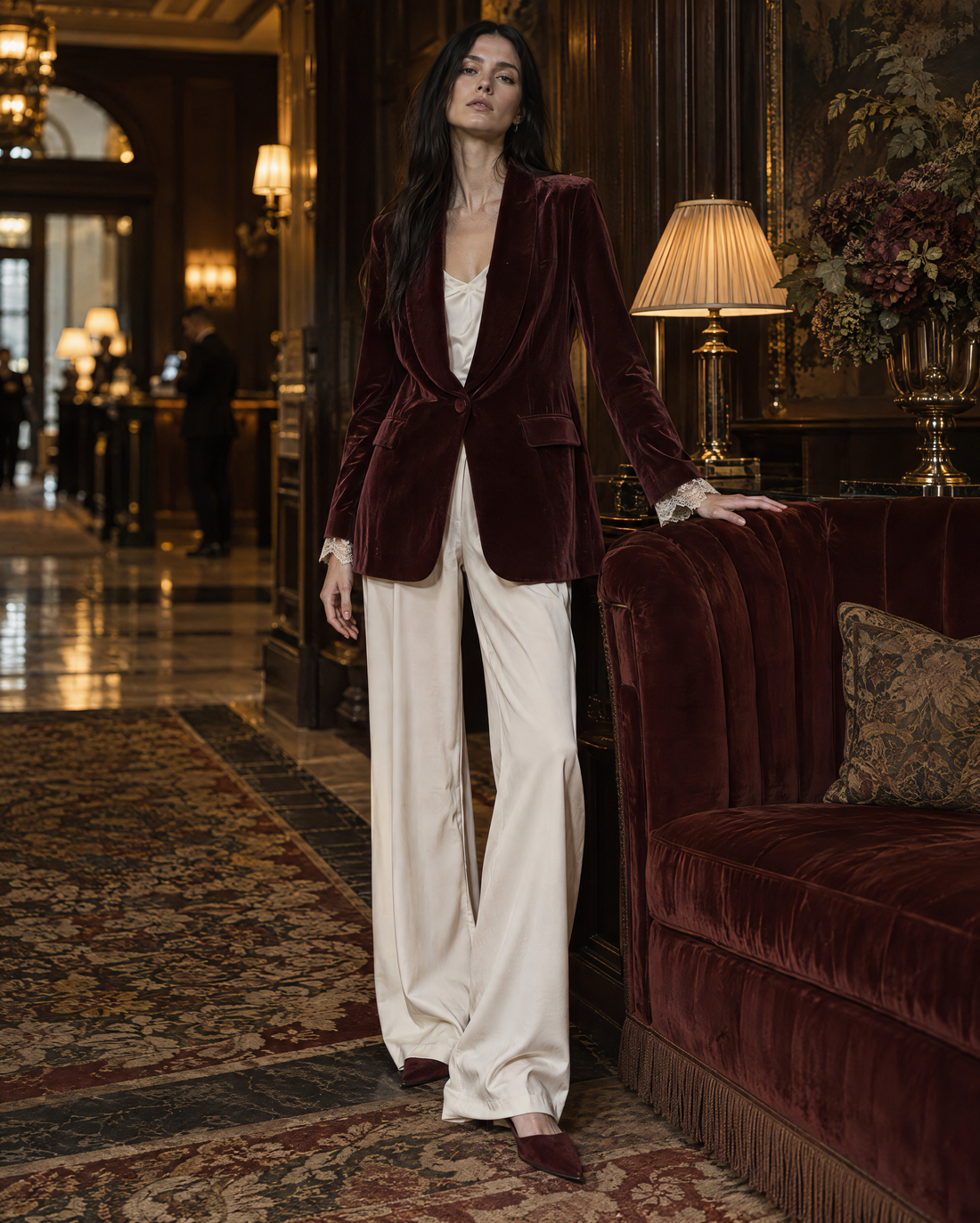 Elegant Burgundy Velvet Shawl-lapel One-button Longline Blazer MVA003010AA